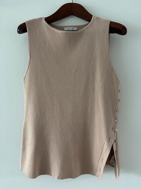 Francesca's Collections Ribbed Sleeveless Tank Top in Beige with Side Buttons
